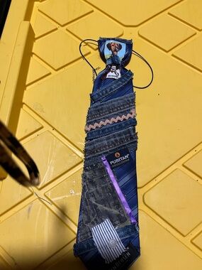 Upcycled Denim & Blue Patterned Novelty Tie for women or men.